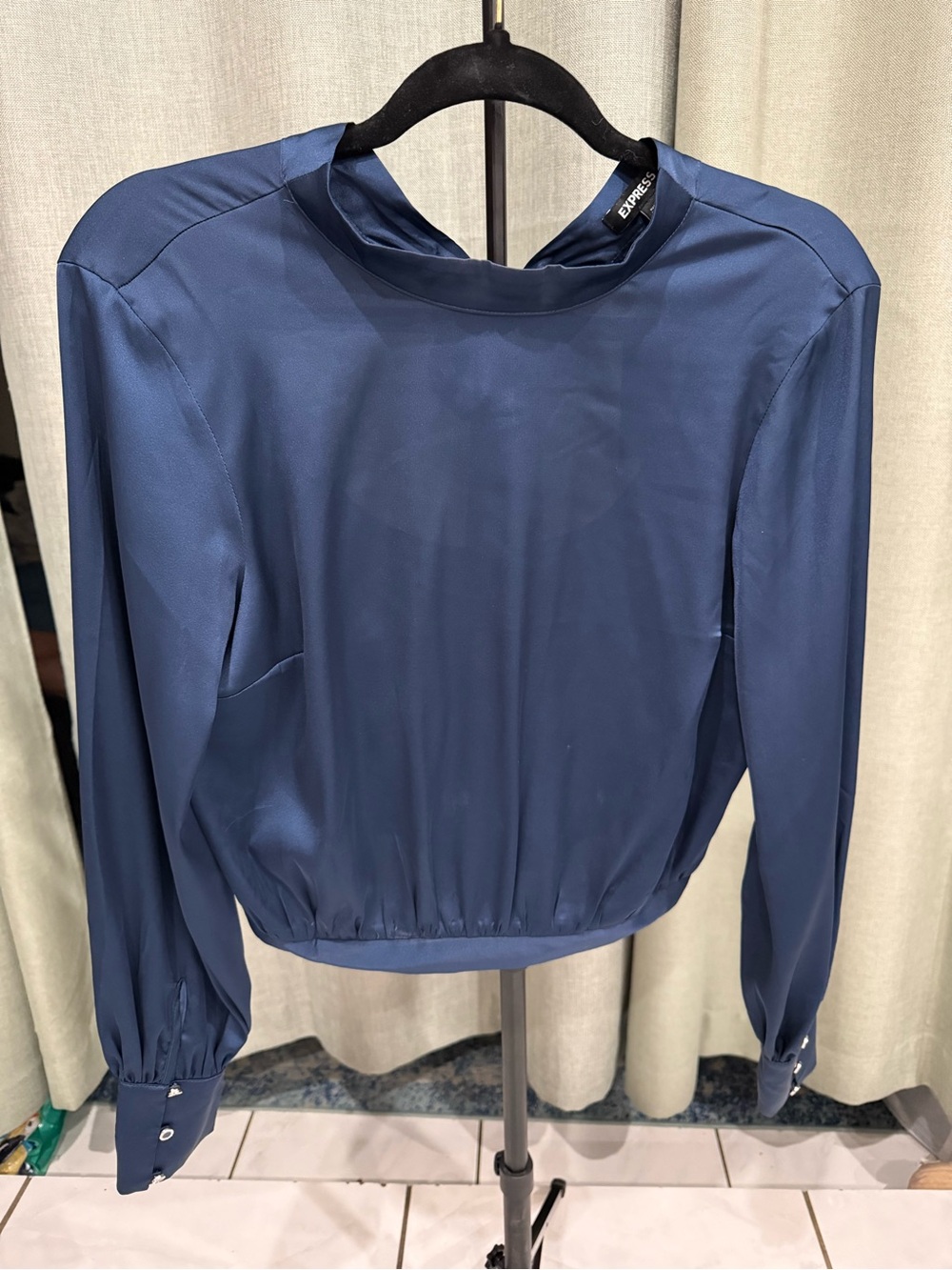 Express Navy Long-Sleeve Cropped Blouse with High Neck